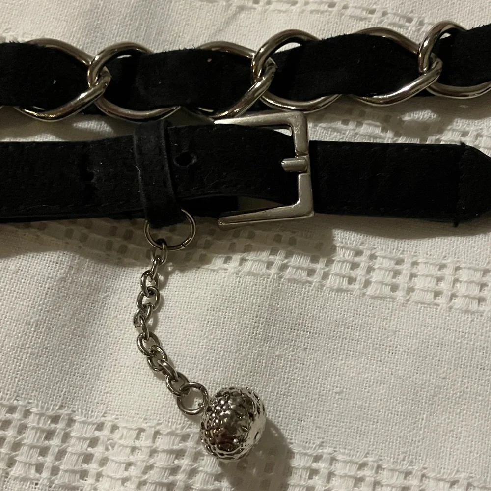 Vintage Black Leather and Silver Chain‎ Belt Intertwined Adjustable XL